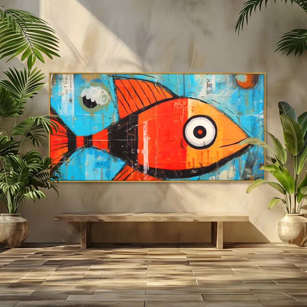 Tablou canvas cu tablou canvas cu peste stilizat in stil pop art, in rama de aluminiu auriu